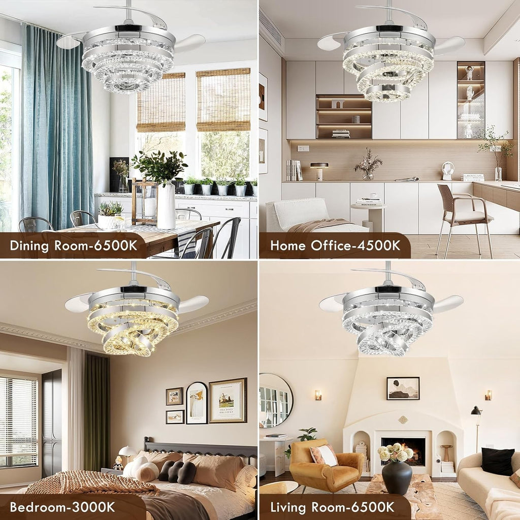 42" Crystal Ceiling Fan, 6 Speeds, Dimmable LED, Remote, Reversible