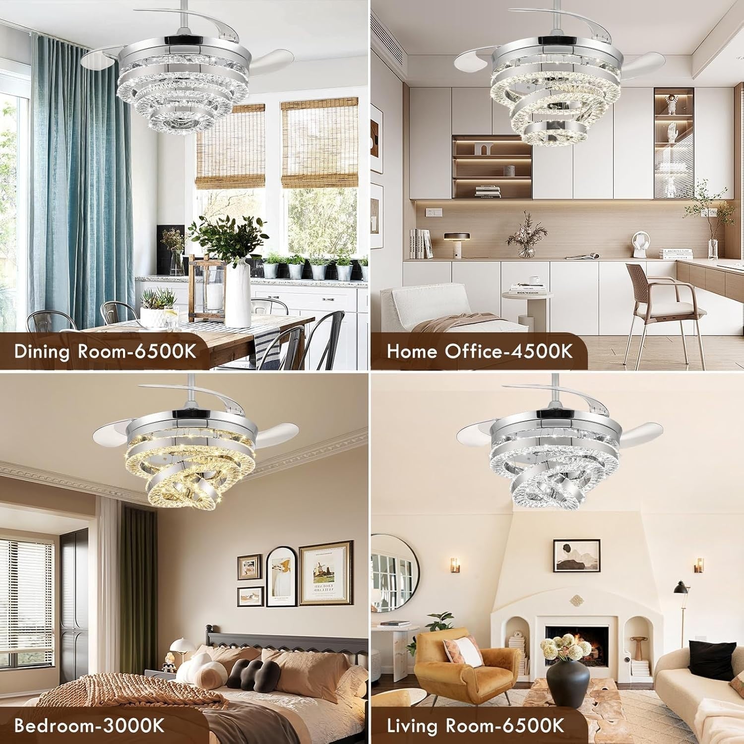 42" Crystal Ceiling Fan, 6 Speeds, Dimmable LED, Remote, Reversible