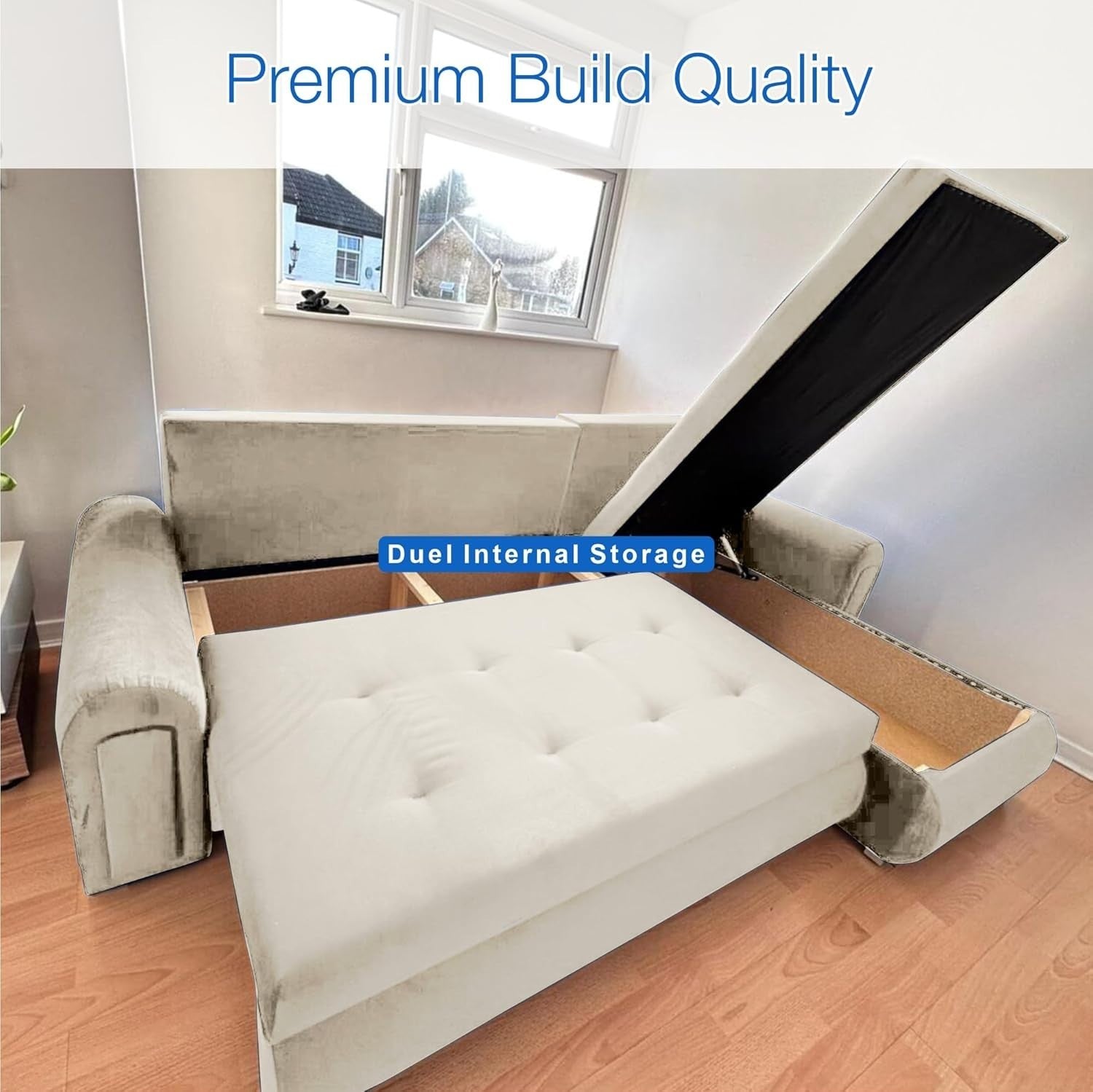 Cream L-Shape Sofa Bed w/ Pull-Out Sleeper & Storage Velvet 4 Seater Couch