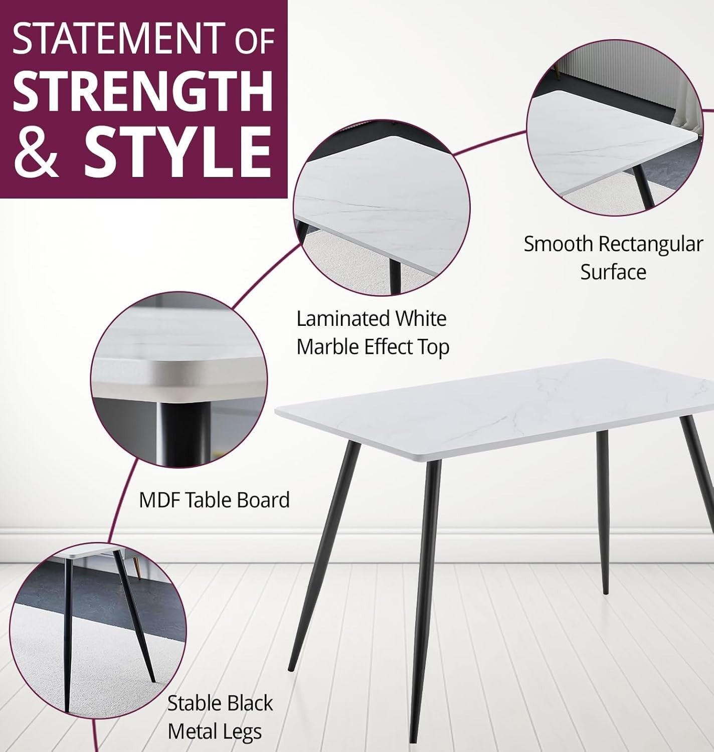 Marble Effect Dining Table & 4 High Back Grey Chairs – Small Kitchen Set