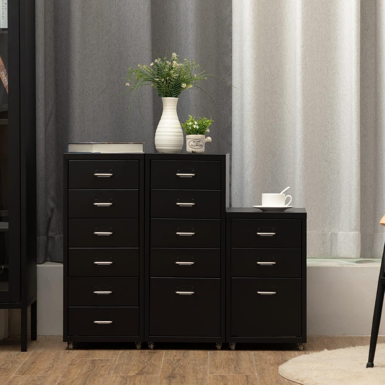 Black Metal Rolling Drawer Cabinet 6 Tier Mobile File Storage Unit