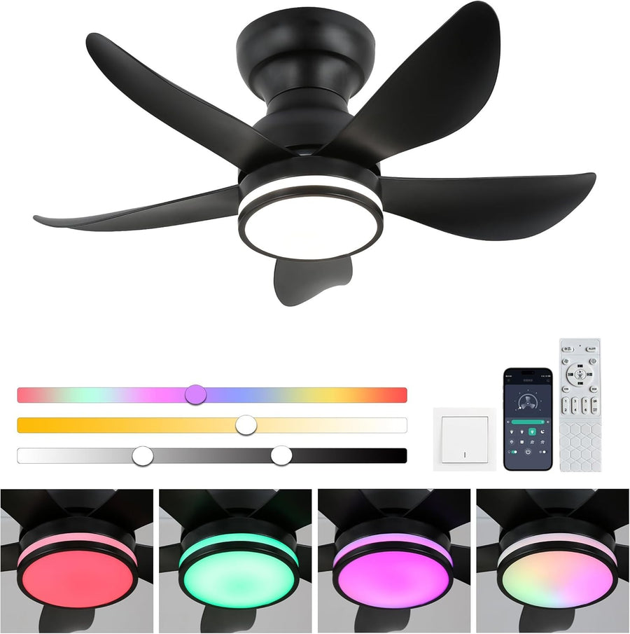 30" Ceiling Fan with Light, Remote, 6 Speeds, Dimmable, RGB, Black