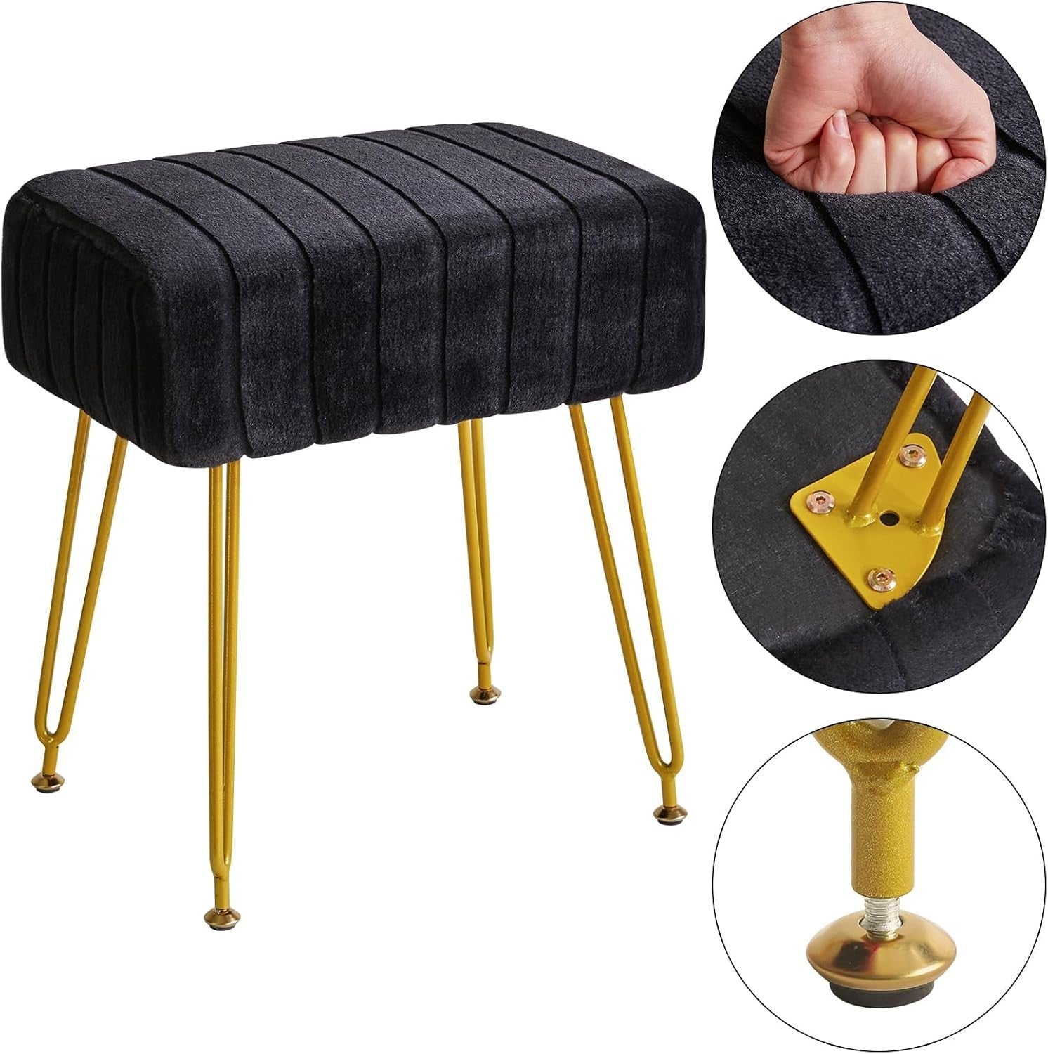 Black Velvet Rectangular Footrest Stool – Modern Vanity Seat with Metal Legs