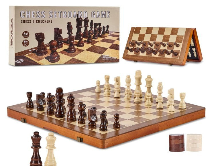 15" Magnetic Wooden Chess Set Folding Board 2-in-1 Chess & Checkers Game