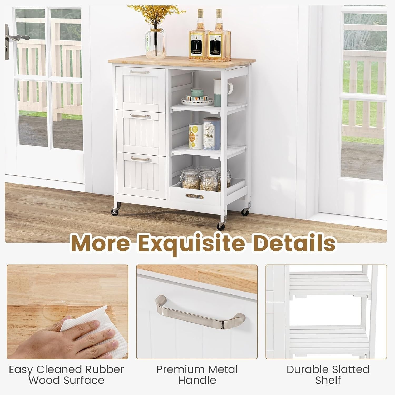 White Kitchen Island Cart 3 Drawers Rolling Trolley