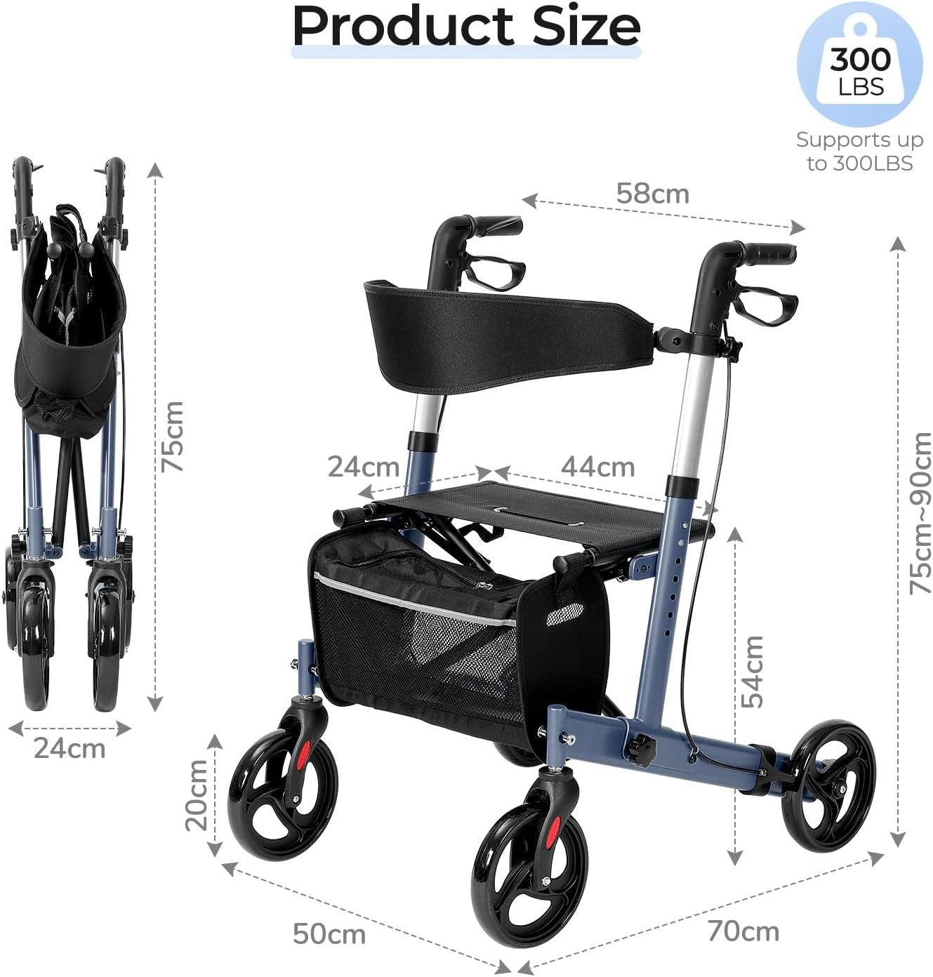 Lightweight Folding Rollator Walker 4 Wheels Seat Adjustable Brakes 300lb