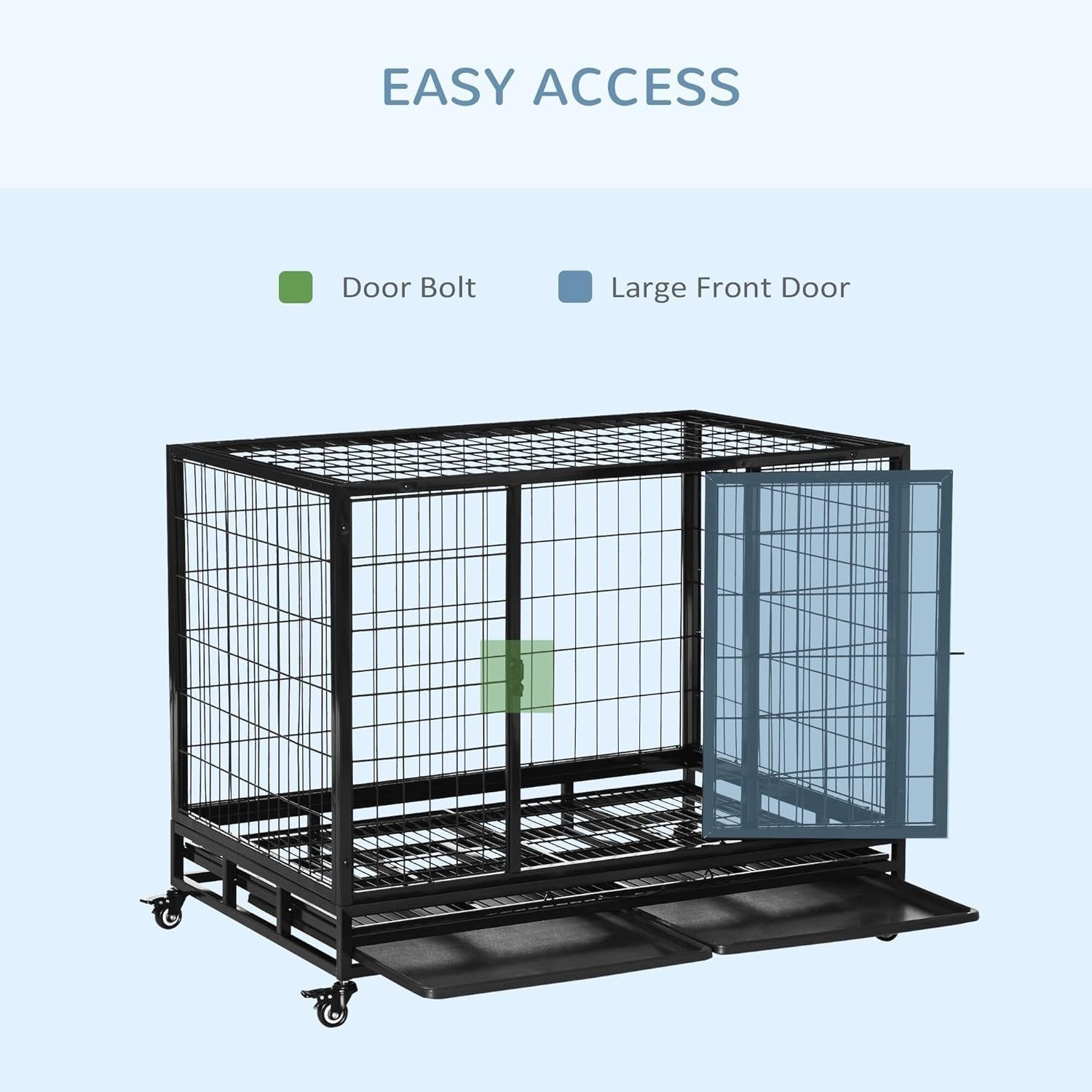 Heavy Duty Metal Dog Crate 43" Large Kennel Cage with Wheels & Tray Black