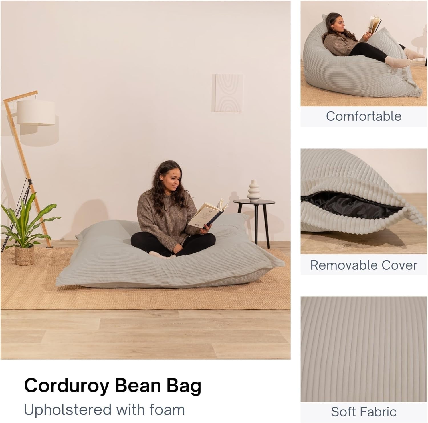 XXL Foam Bean Bag Light Grey Sofa for Adults-Kids Corduroy Floor Seat 180x140cm