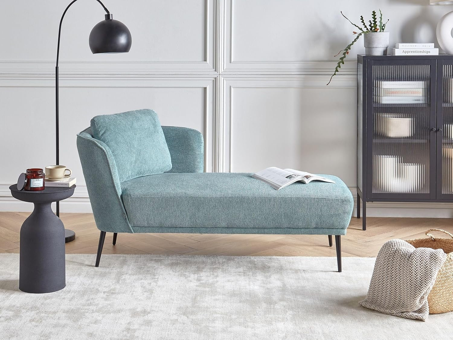 Blue Left Hand Chaise Lounge | Retro Style + Cushion + Metal Legs