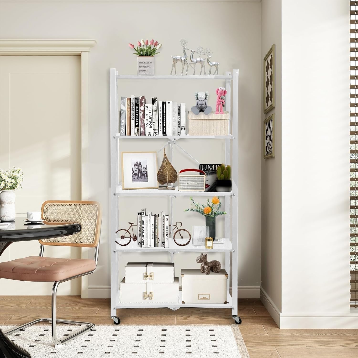 5 Tier Kitchen Storage Rack on Wheels Folding Rolling Pantry Shelf Unit