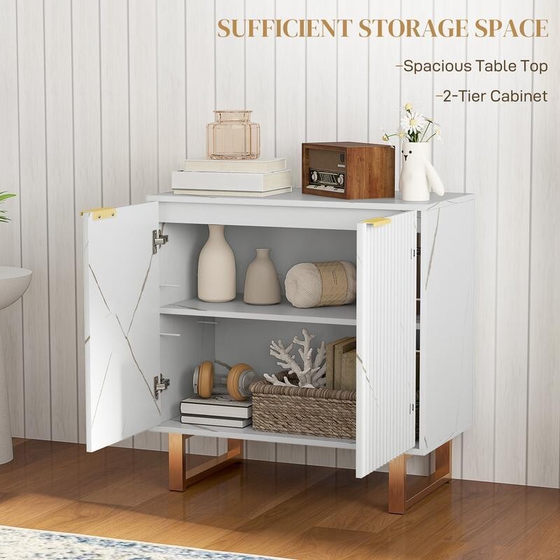 White Fluted Sideboard Cabinet with Gold Legs – Marble Effect Storage Unit