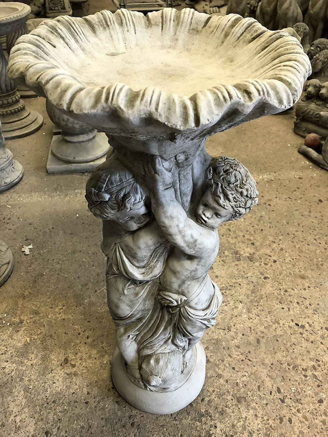Twin Cherub Stone Bird Bath Heavy Concrete Garden Ornament Feeder Statue