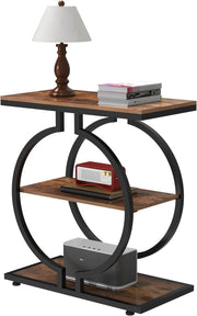 3-Tier Round End Table with Geometric Metal Base, Rustic Brown 30x60x65cm