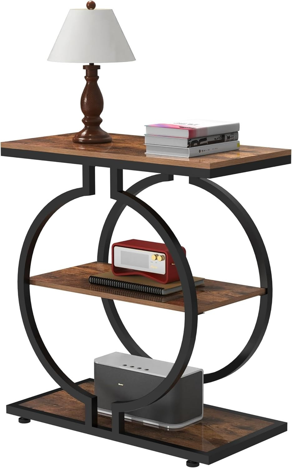 3-Tier Round End Table with Geometric Metal Base, Rustic Brown 30x60x65cm