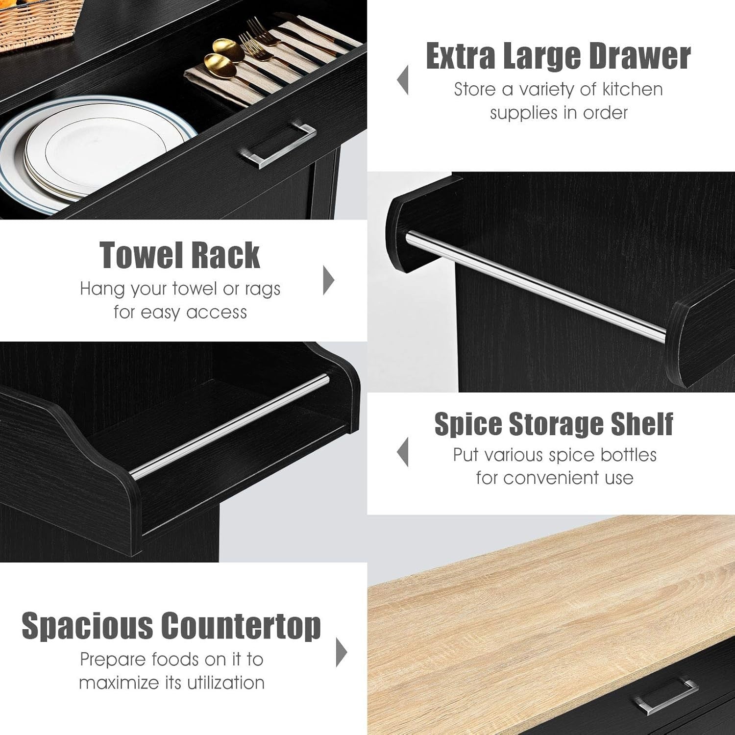 Large Kitchen Island Trolley Drawer Cabinet 116cm Black