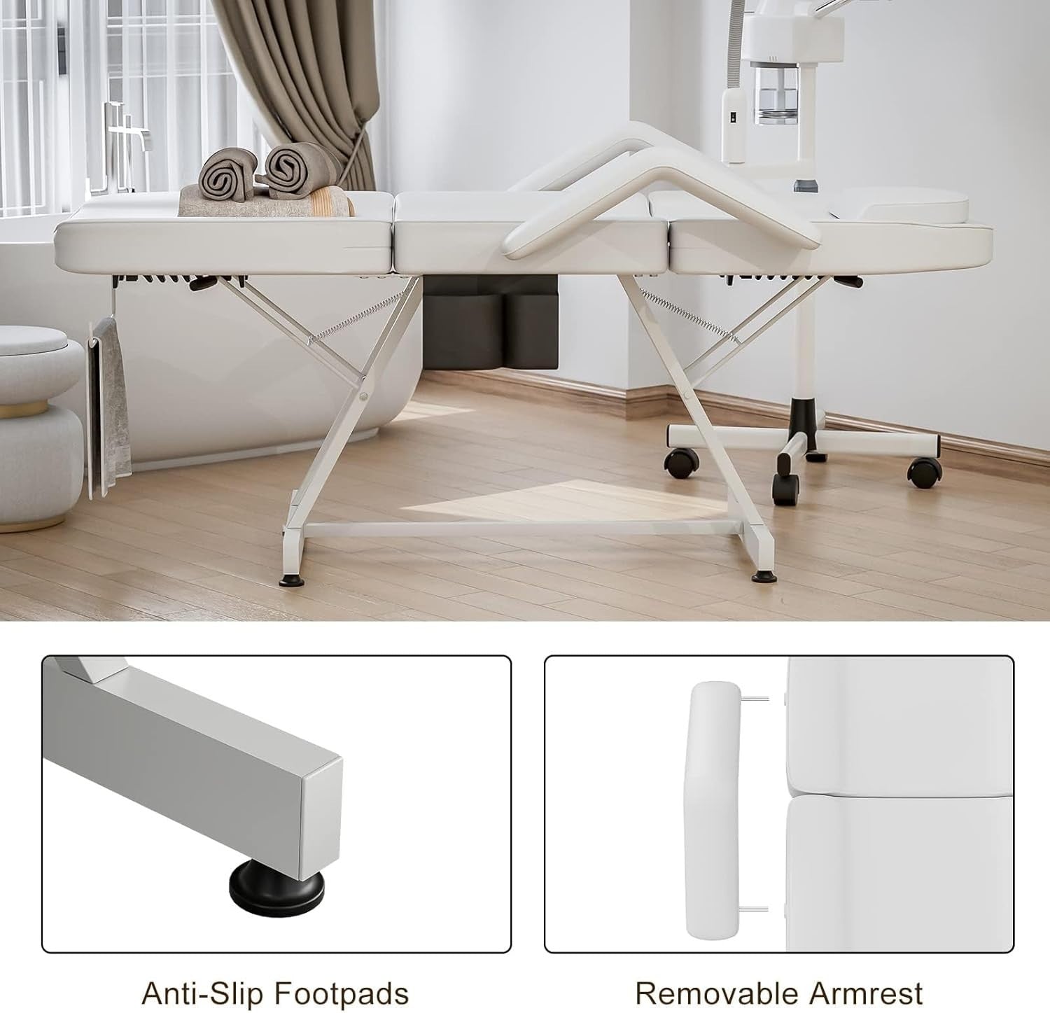 Adjustable 3-Section Beauty Massage Bed w/ Hydraulic Stool & Headrest White