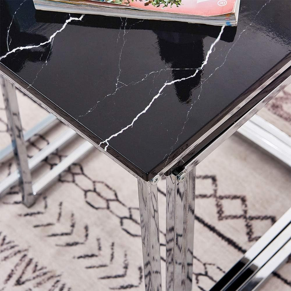 Modern Square End Table Black Marble Look Top Metal Legs Nightstand Accent
