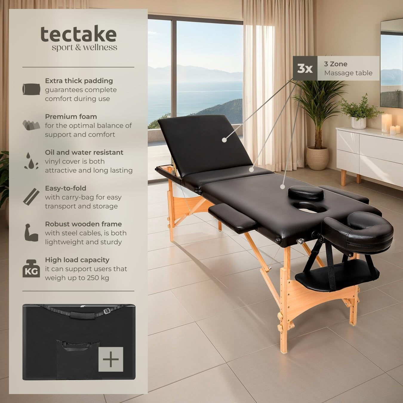 Portable 3 Zone Massage Table Foldable Therapy Beauty Bed 61cm Adjustable Black