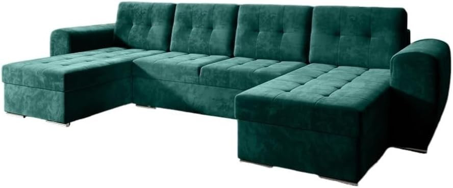 U-Shape Sofa Bed with Storage Box & Sleep Function, Velour Green 326cm