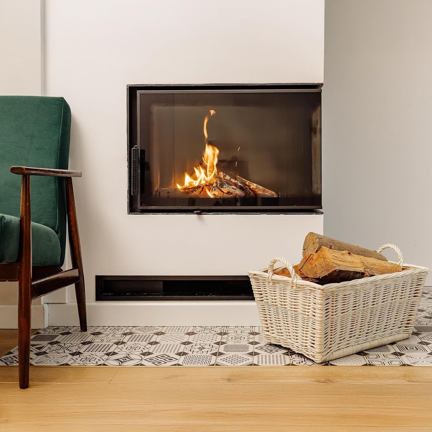 White Wicker Log Basket with Liner | Firewood Storage 47x33x30cm