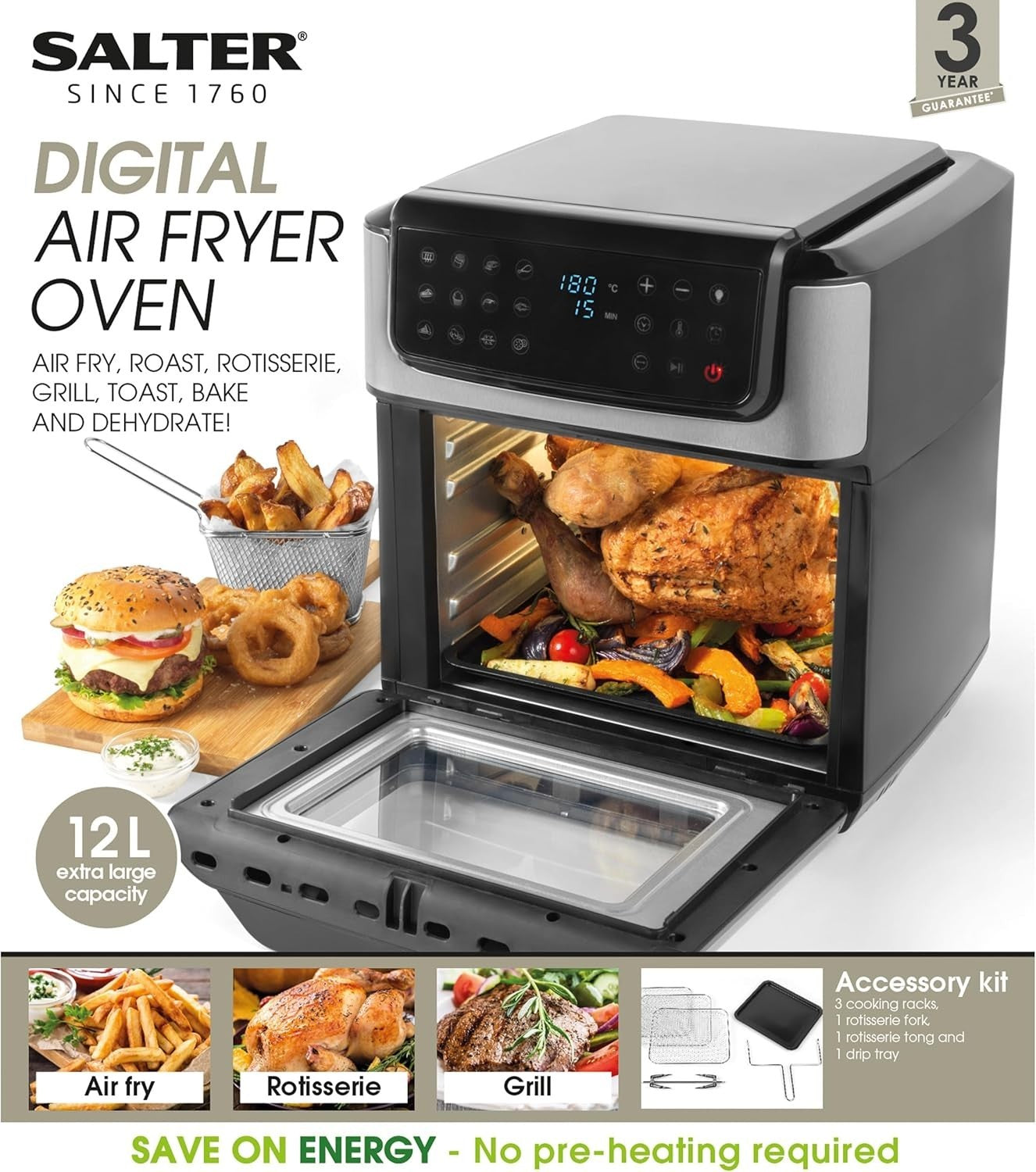 12L Digital Air Fryer Oven | 12 Presets, Rotisserie, 3 Racks, No Preheat, LCD