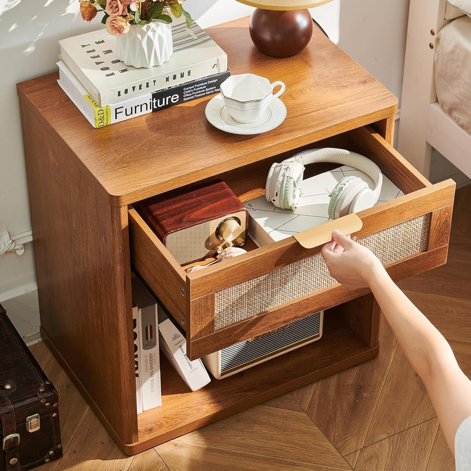 Wide Rattan Bedside Table Nightstand with Drawer Boho Wood
