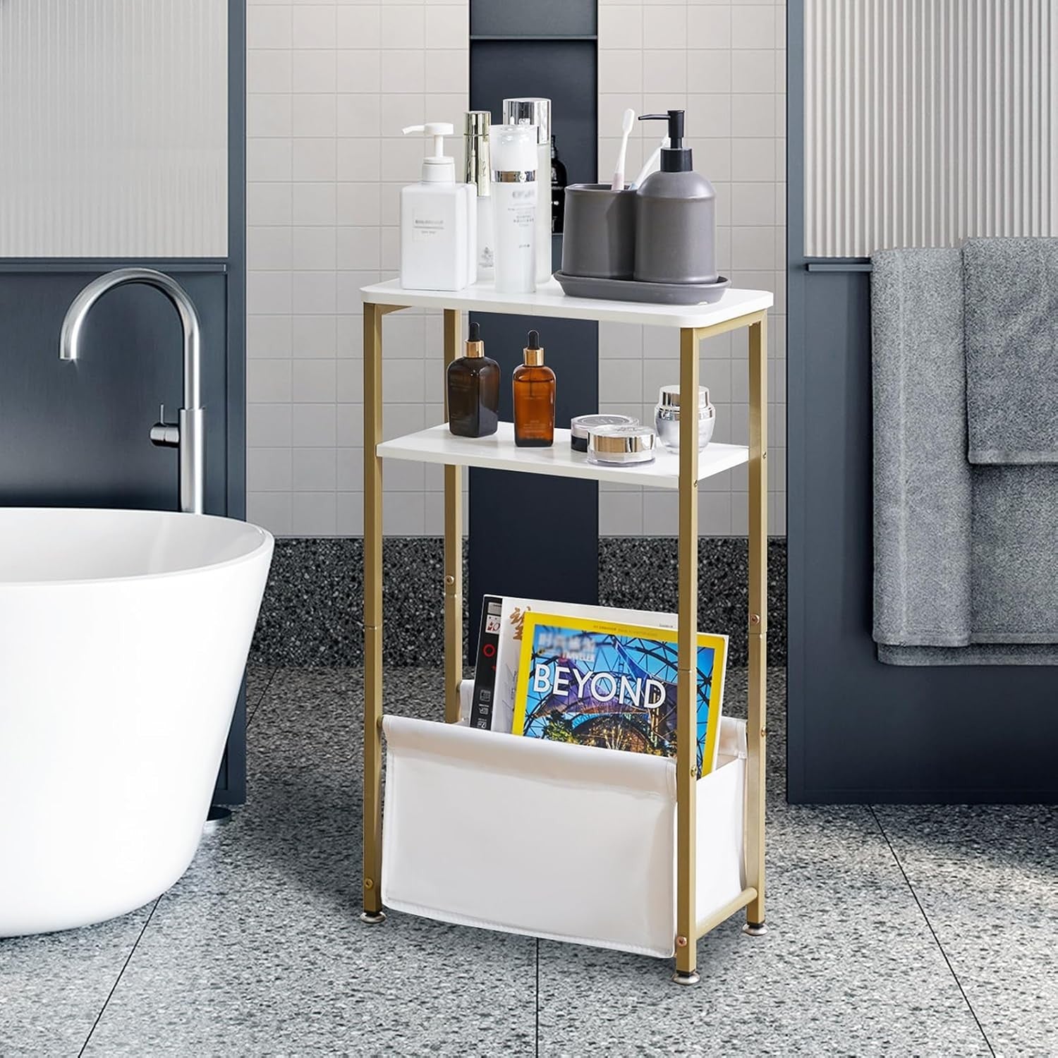 Slim White & Gold 3-Tier Side Table with Storage Basket – Narrow Bedside/End Tab