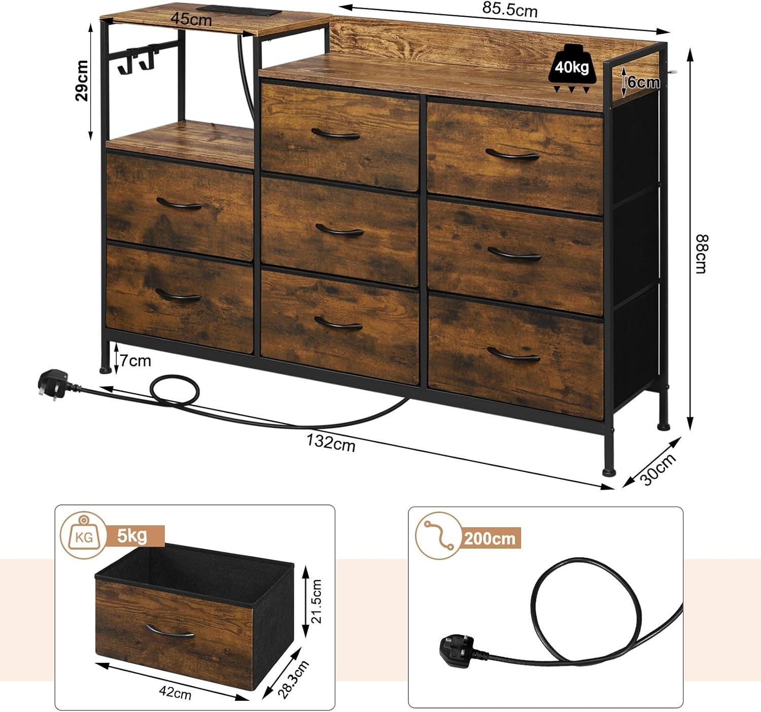 8 Drawer Fabric Chest with USB & Power Ports Vintage Wood Storage Cabinet