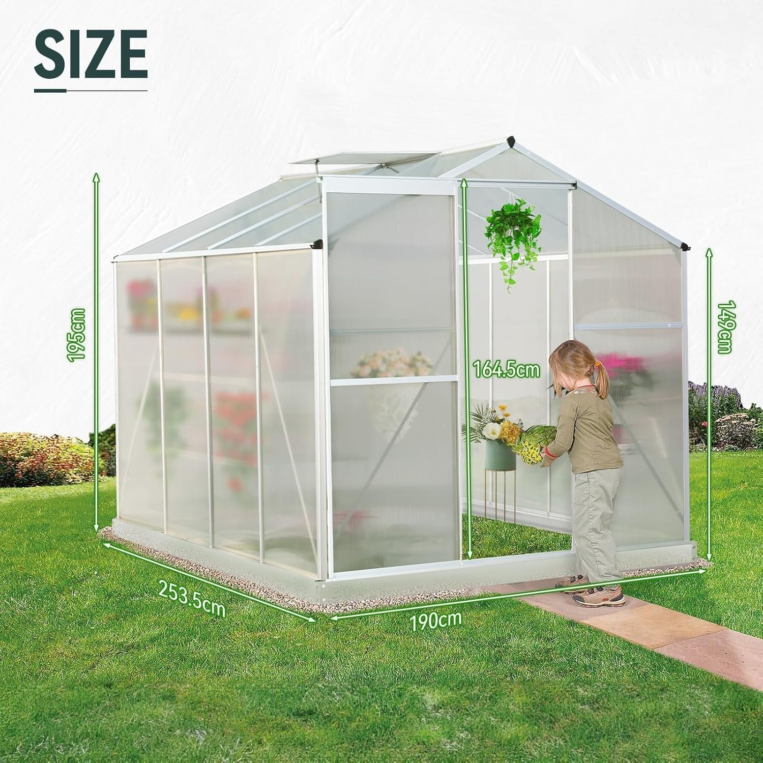 8x6FT Polycarbonate Walk-In Greenhouse with Base – Aluminium Frame, UV Resistant