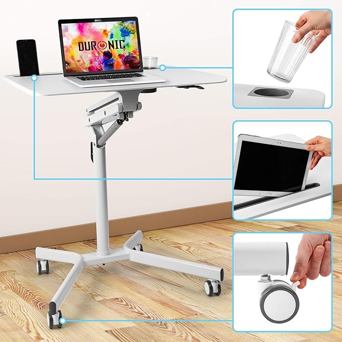 Mobile Sit Stand Laptop Desk on Wheels Adjustable Ergonomic Workstation White