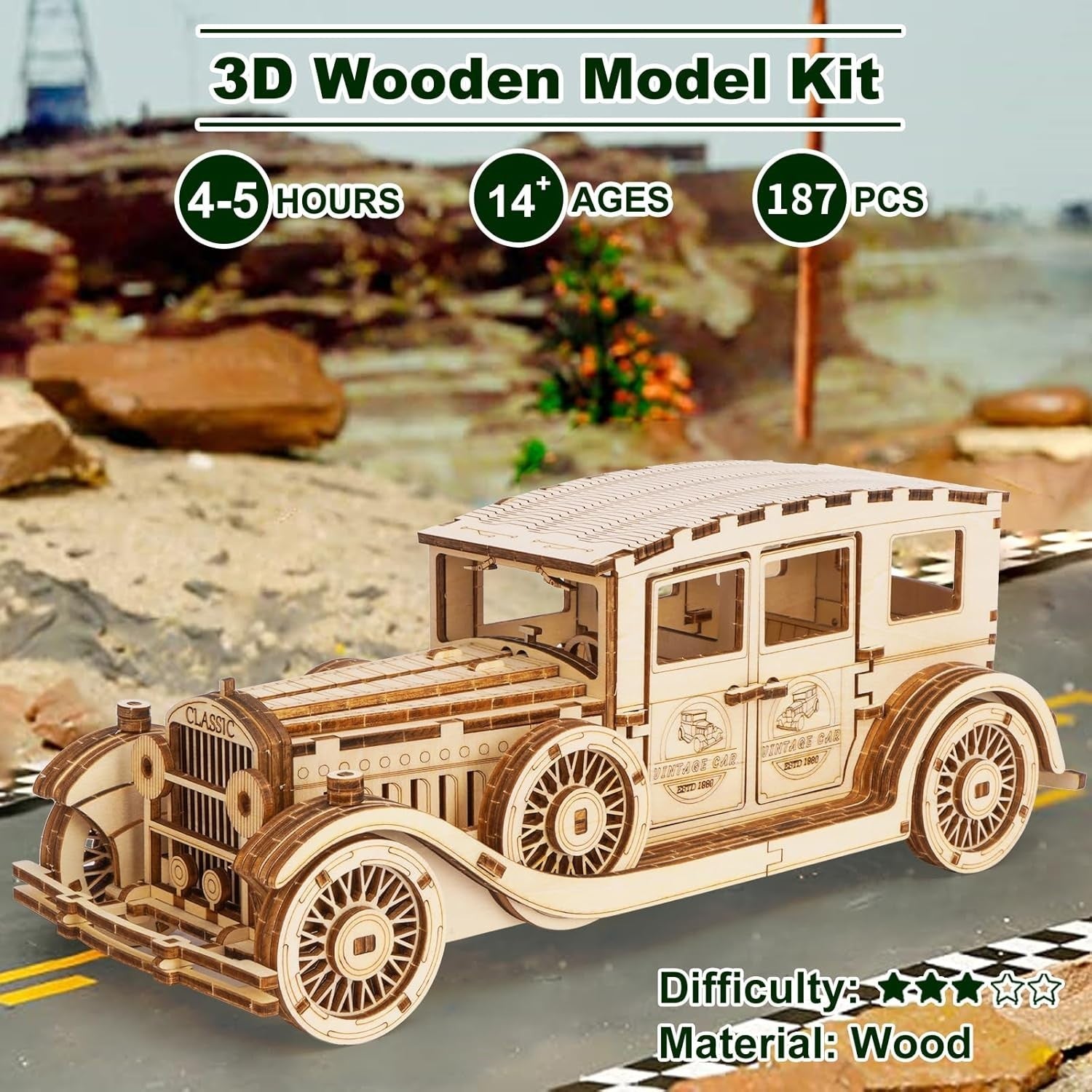 3D Wooden Vintage Car Puzzle Model Kit - 187 PCS DIY Mechanical Craft