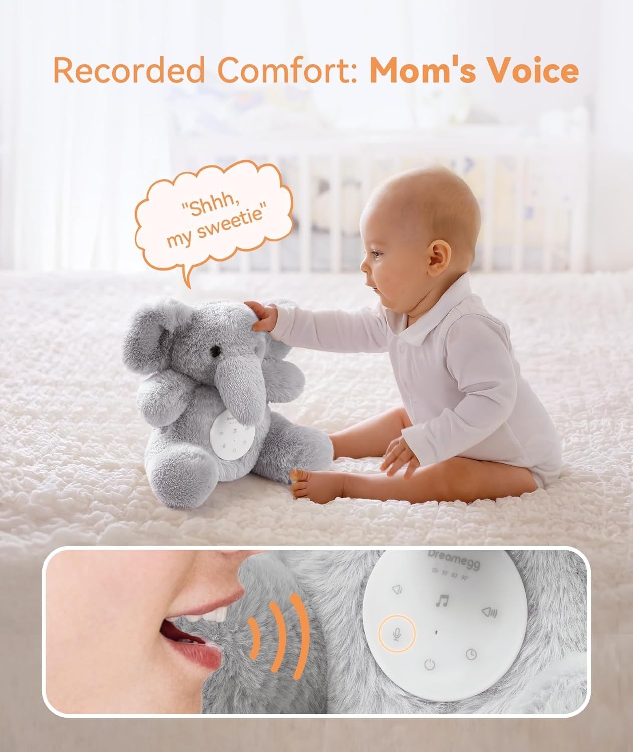 White Noise Machine for Baby – Elephant Plush, 21 Soothing Sounds, USB Rechargea