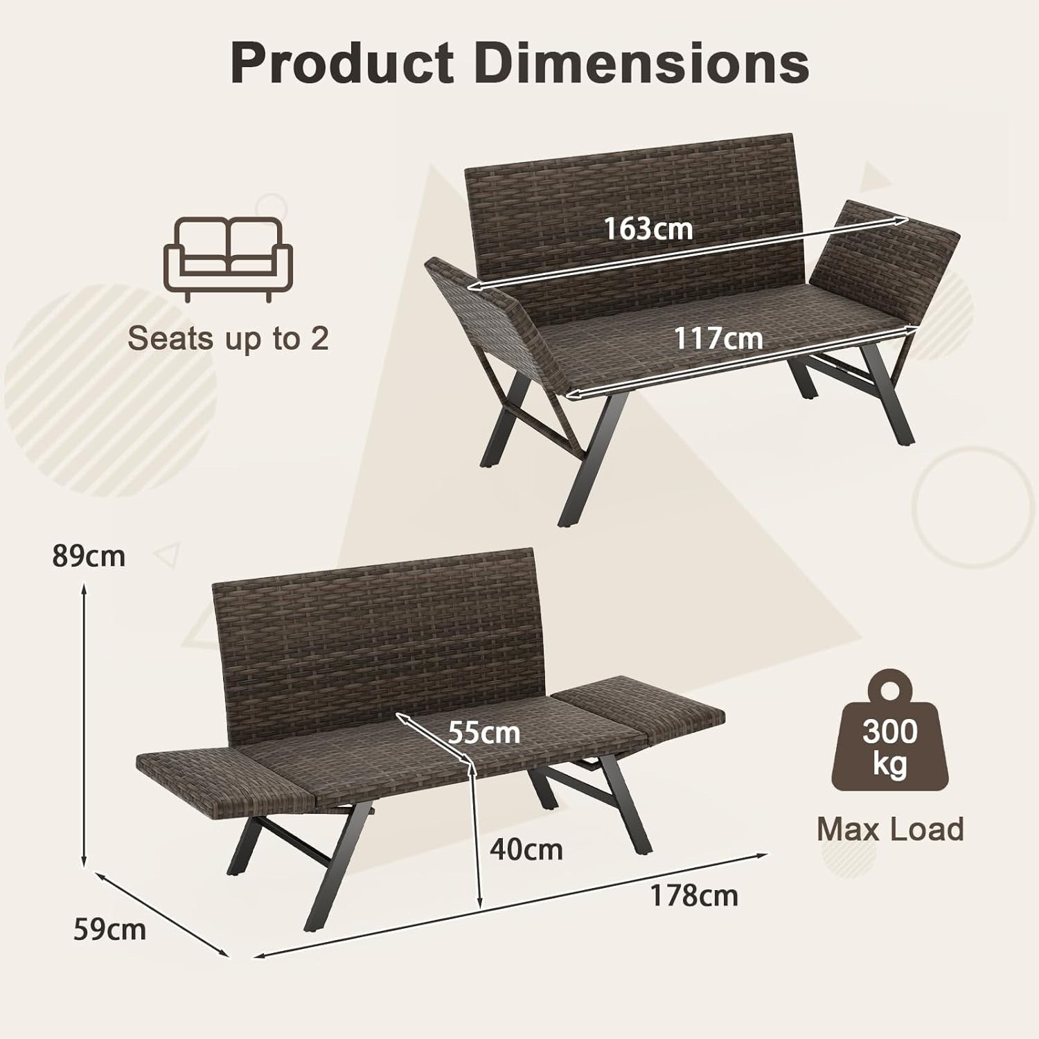 Convertible Rattan Daybed Sofa Lounger with Adjustable Arms for Patio