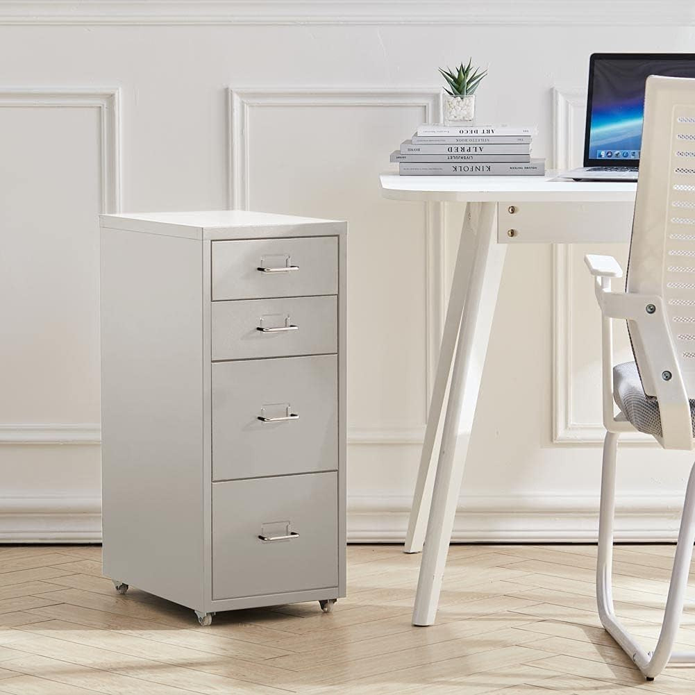 Silver White Mobile Filing Cabinet 4 Drawer 68cm Rolling Office