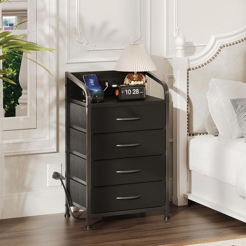 Black Bedside Cabinet with Charging Ports 4-Drawer Nightstand Small Storage Unit