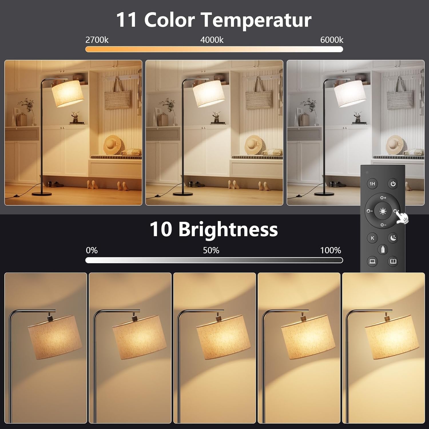 Modern Arc Floor Lamp Remote Control Dimmable Reading Light E27 LED