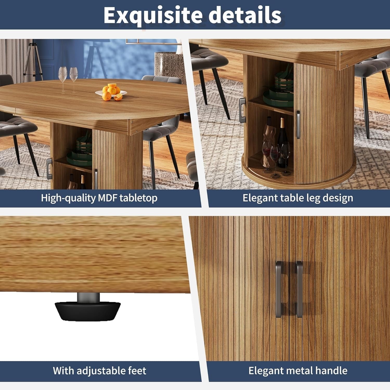 Extendable Round Dining Table Walnut Storage 118-158cm Oval