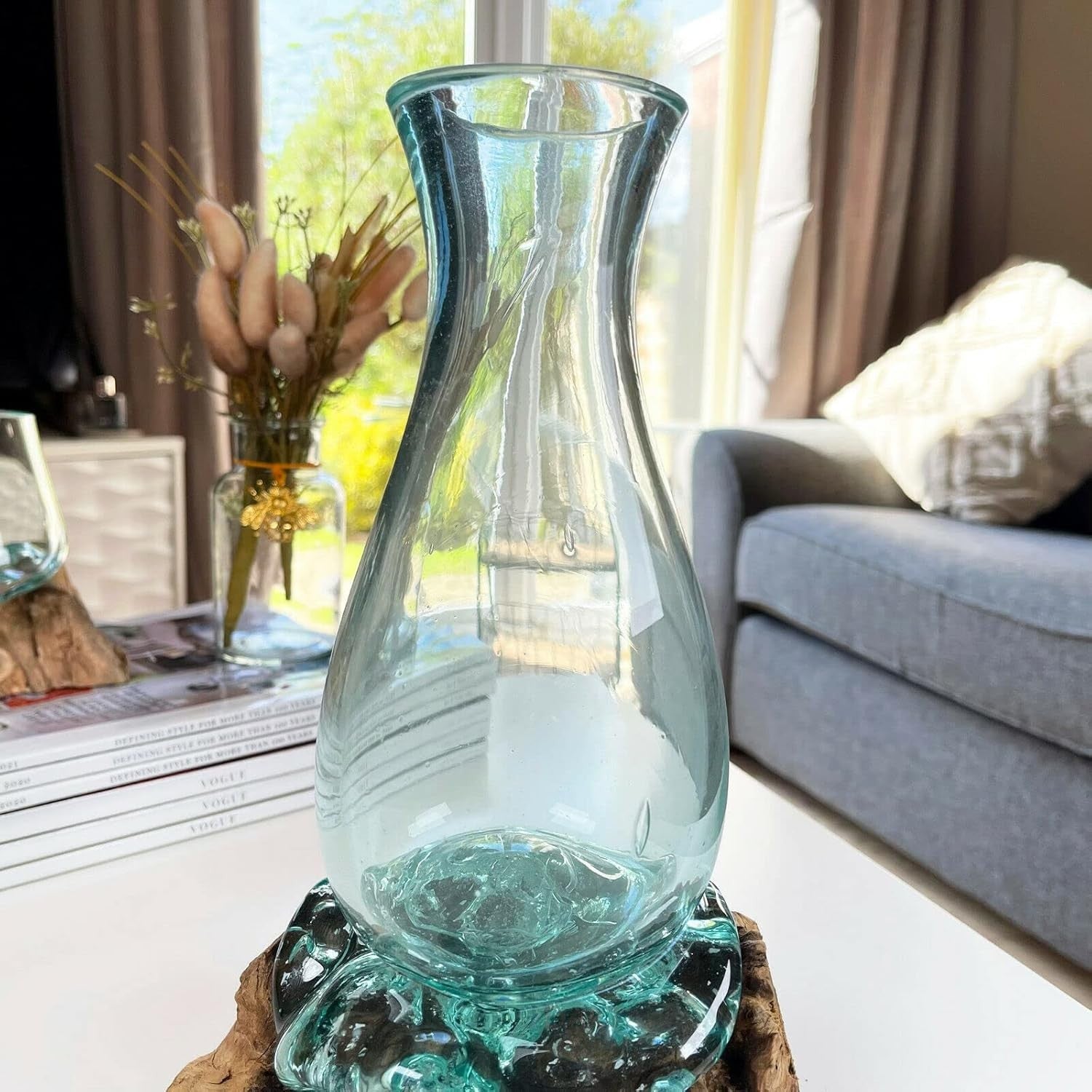 Molten Glass Vase on Driftwood Stand 24cm Handmade Luxury Home Decor