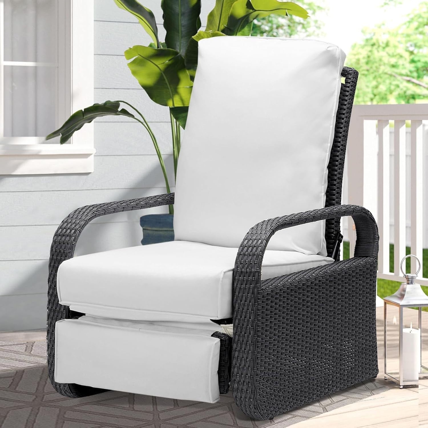 Adjustable Recliner Patio Chair Outdoor Rattan Lounge with Footrest Cushion