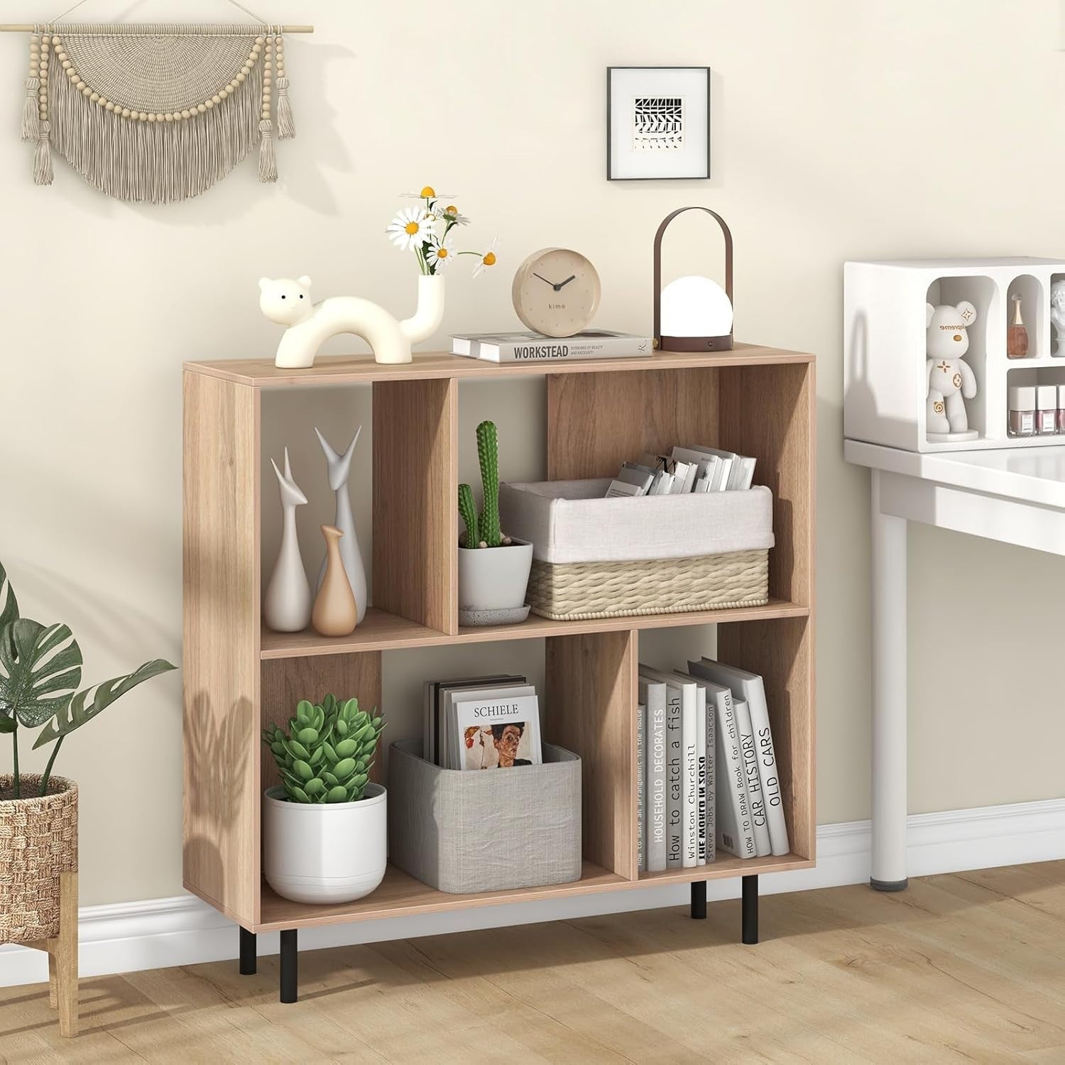 4-Cube Storage Bookcase Wooden Shelves Metal Legs Minimalist 90x30x90cm