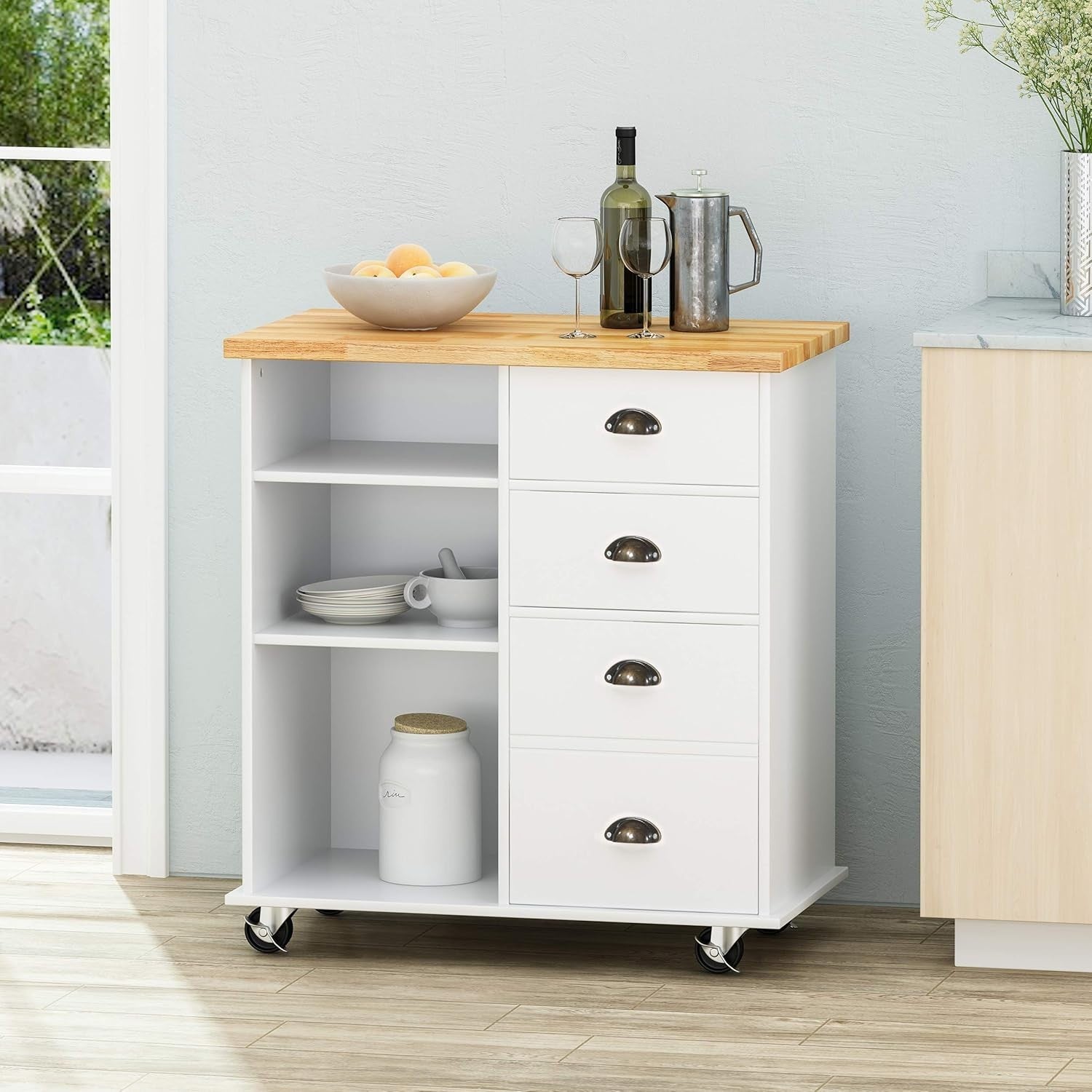 Contemporary Rolling Kitchen Cart with Rubberwood Top, Drawers & Shelves
