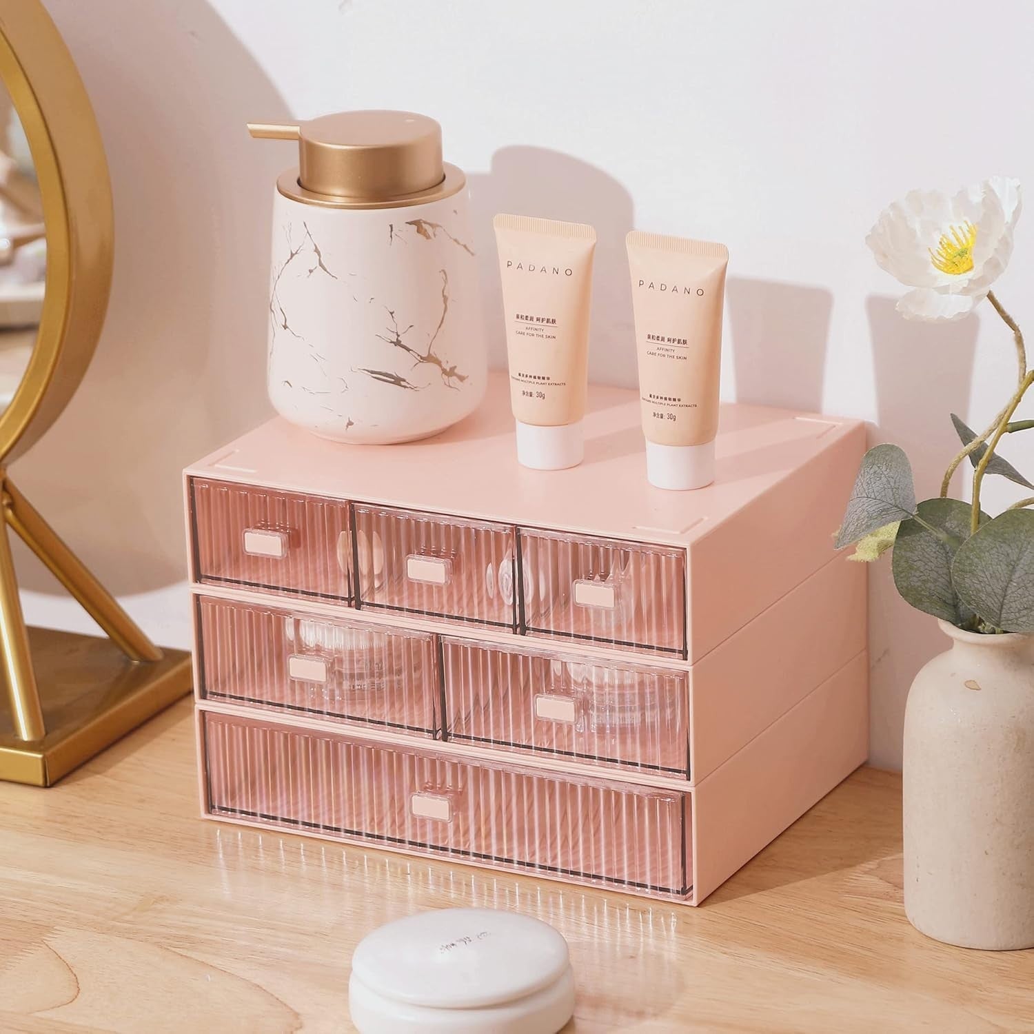 3 Tier Desk Organizer 6 Clear Drawers Stackable Makeup Office Pink