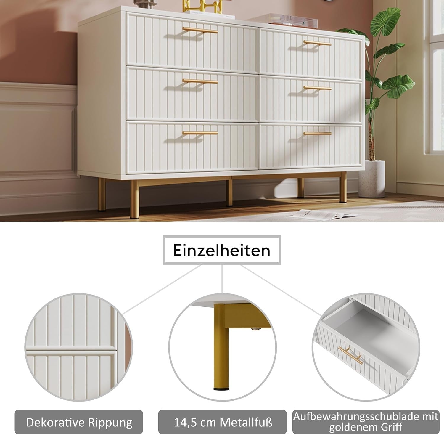 White Gold 6 Drawer Sideboard Cabinet Chest Modern Storage 120cm Wide
