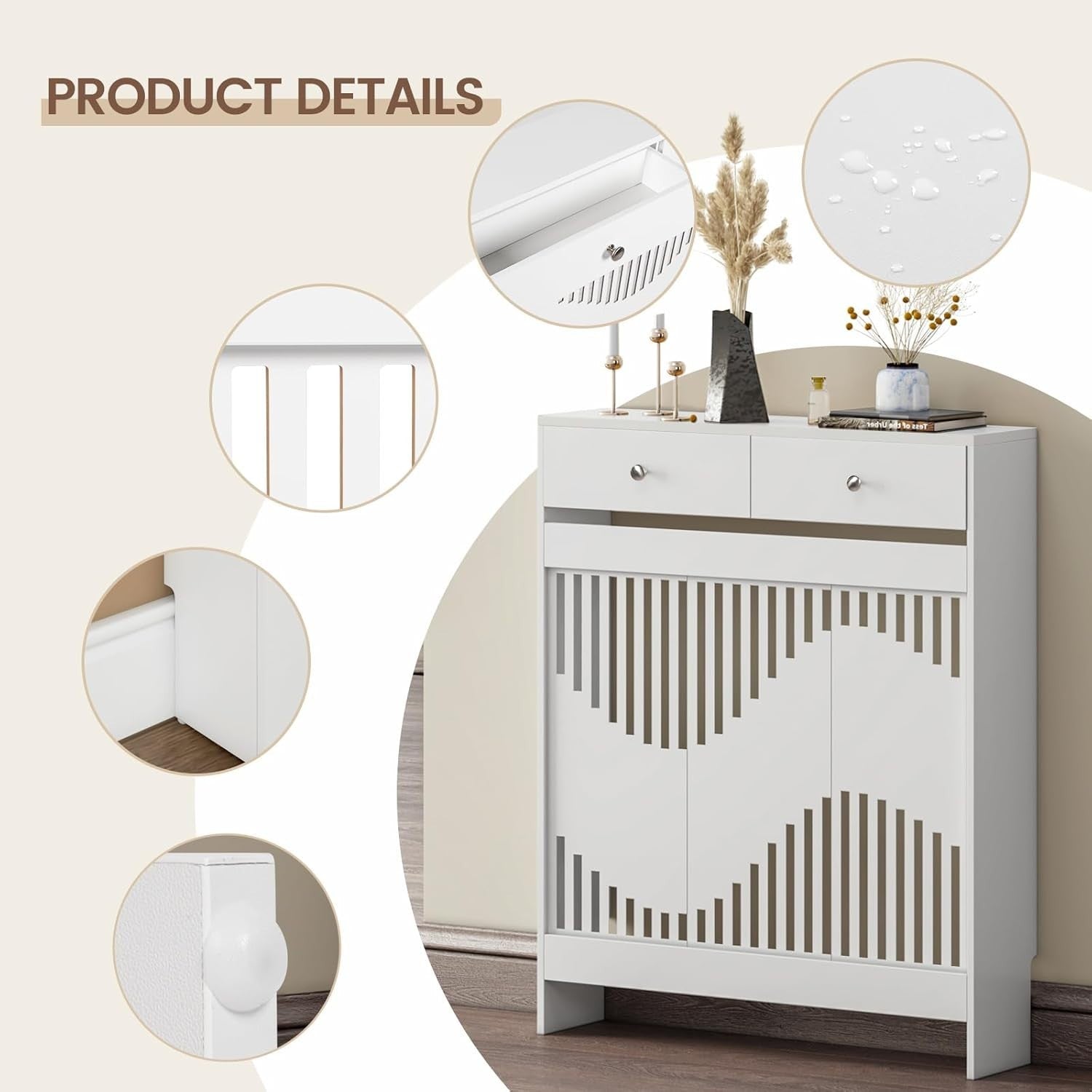 White Radiator Cover Cabinet with Drawers Modern MDF Storage Unit