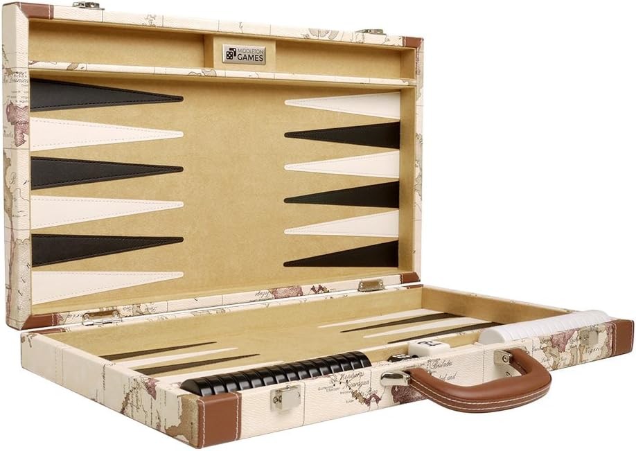 Luxury Backgammon Set 18 Inch Folding Board Travel Case World Map Design