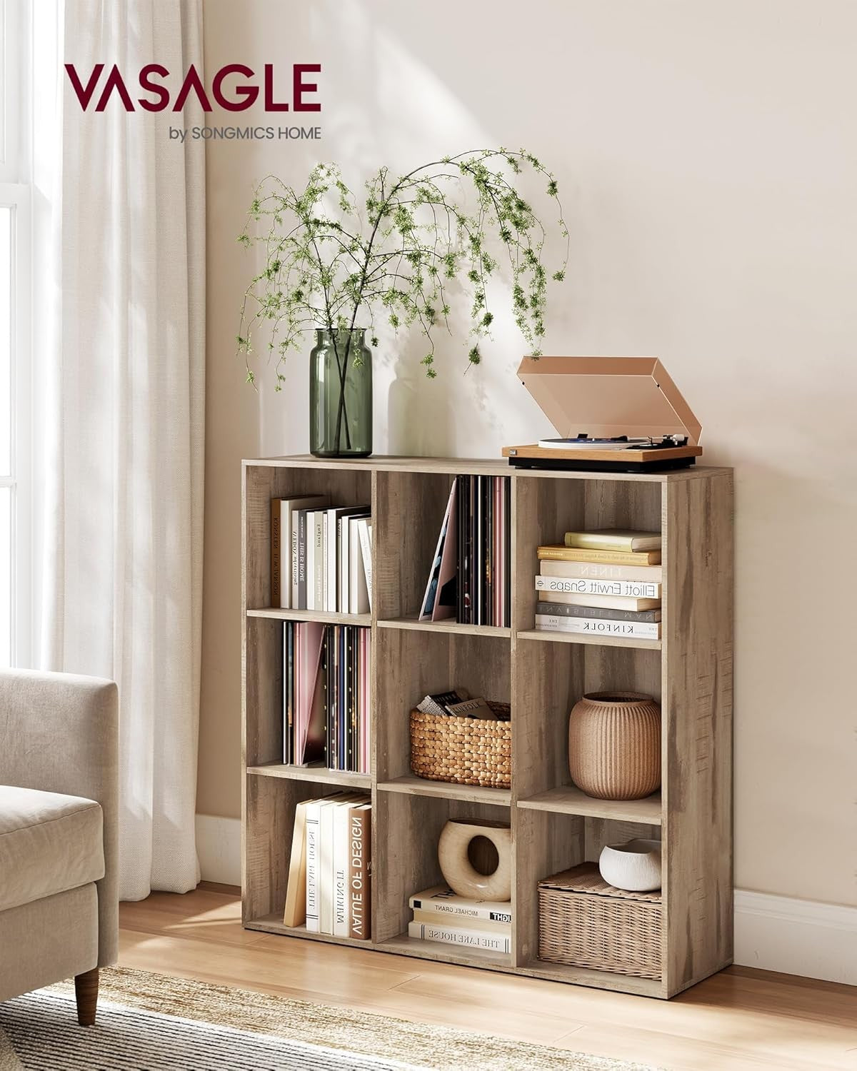 9-Cube Camel Brown Bookcase | Large Storage Display Shelf for Home & Office