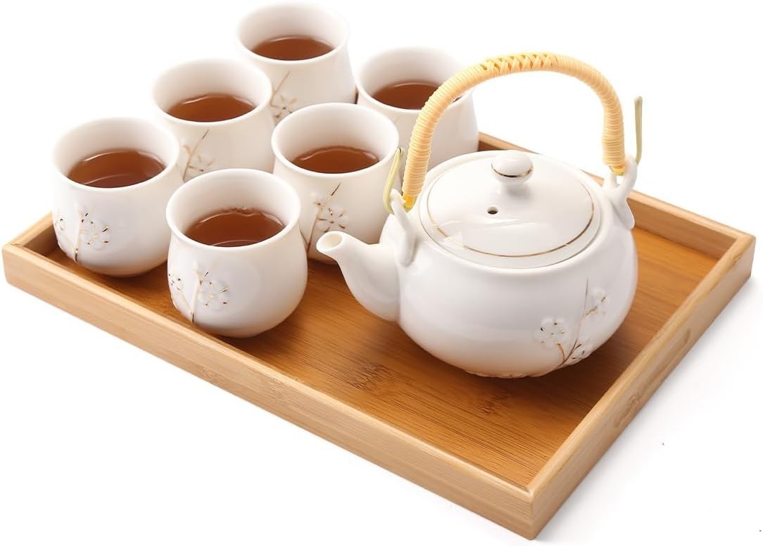 Japanese Porcelain Tea Set Teapot 6 Cups Tray Infuser White Gold