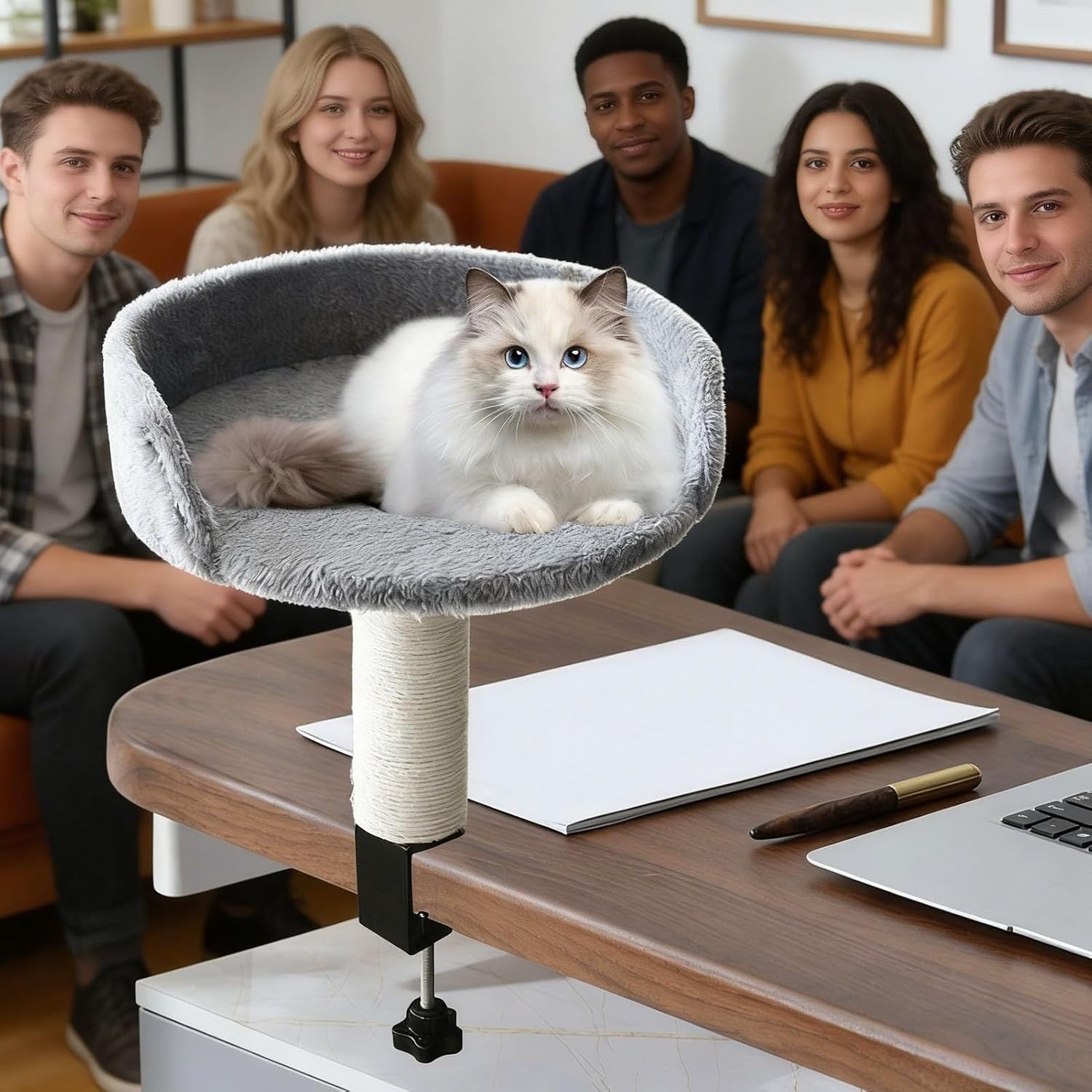 360° Rotating Cat Desk Bed Clamp On Hammock w/ Scratching Post