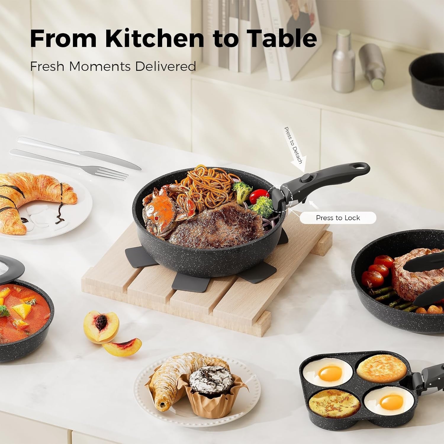 20Pcs Grey Granite Non-Stick Cookware Set with Removable Handles & Glass Lids