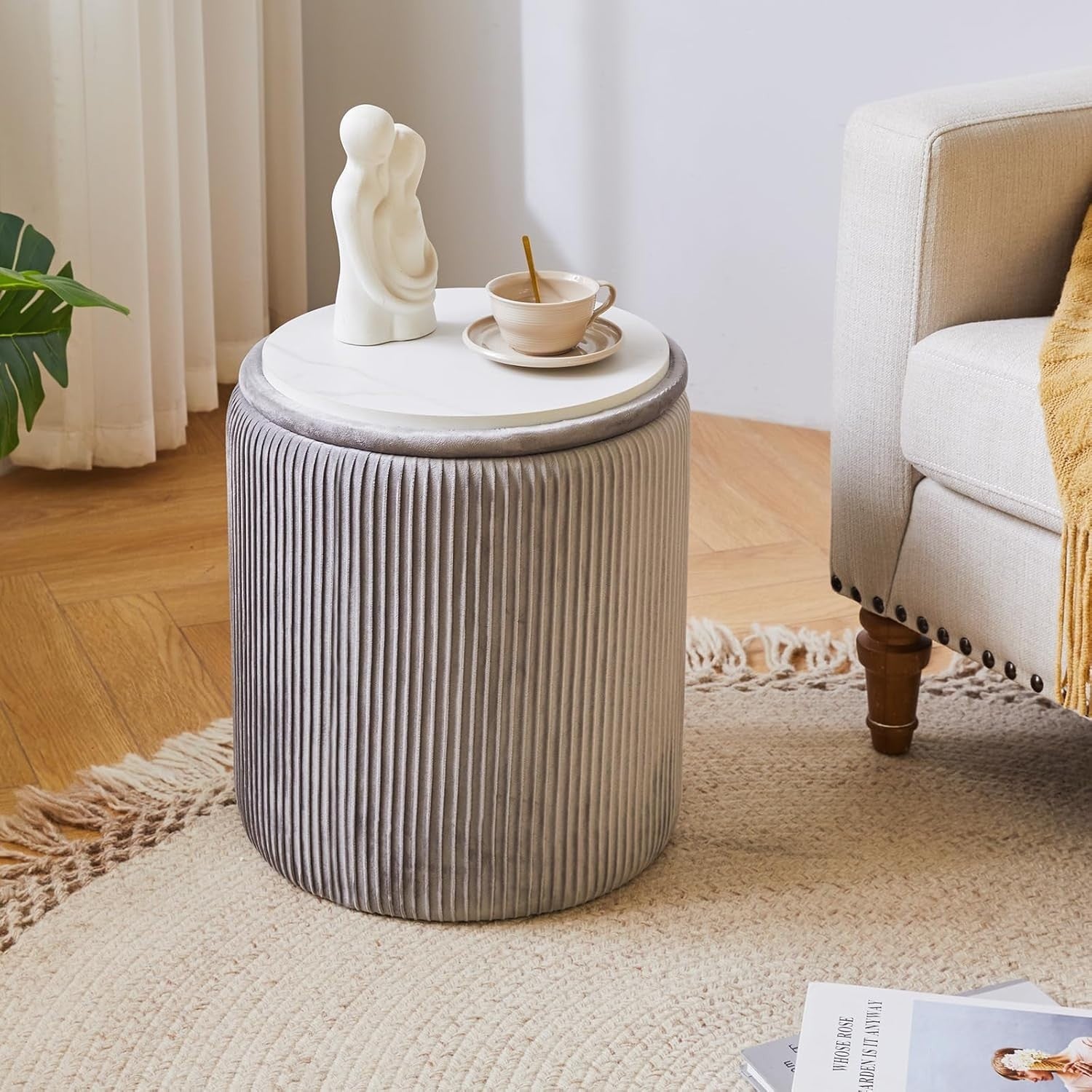 Set of 2 Round Storage Ottomans – Velvet Pouffe Stool Set for Bedroom & Living
